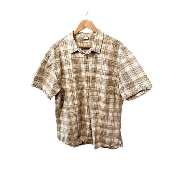 Prana Tan Plaid Button Down Slim Fit Organic Cotton Short Sleeve Shirt‎ - Picture 1 of 3